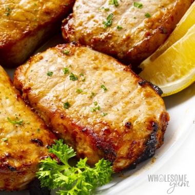 Air fryer pork chops close up.