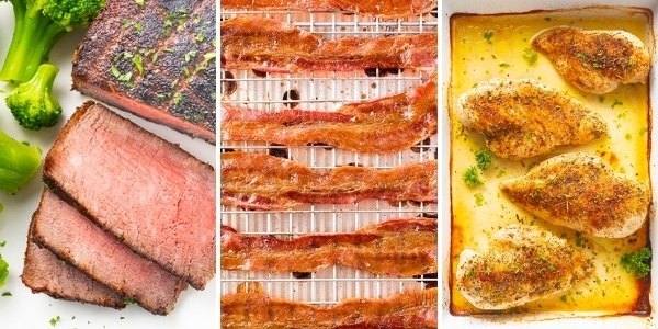 Cooked steak, bacon, and chicken to add to a keto shopping list.
