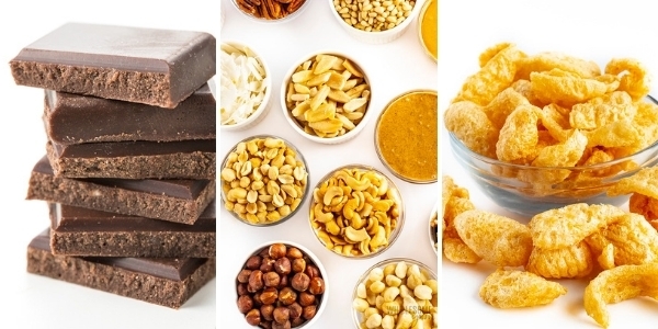 Keto chocolate, nuts, and pork rinds.