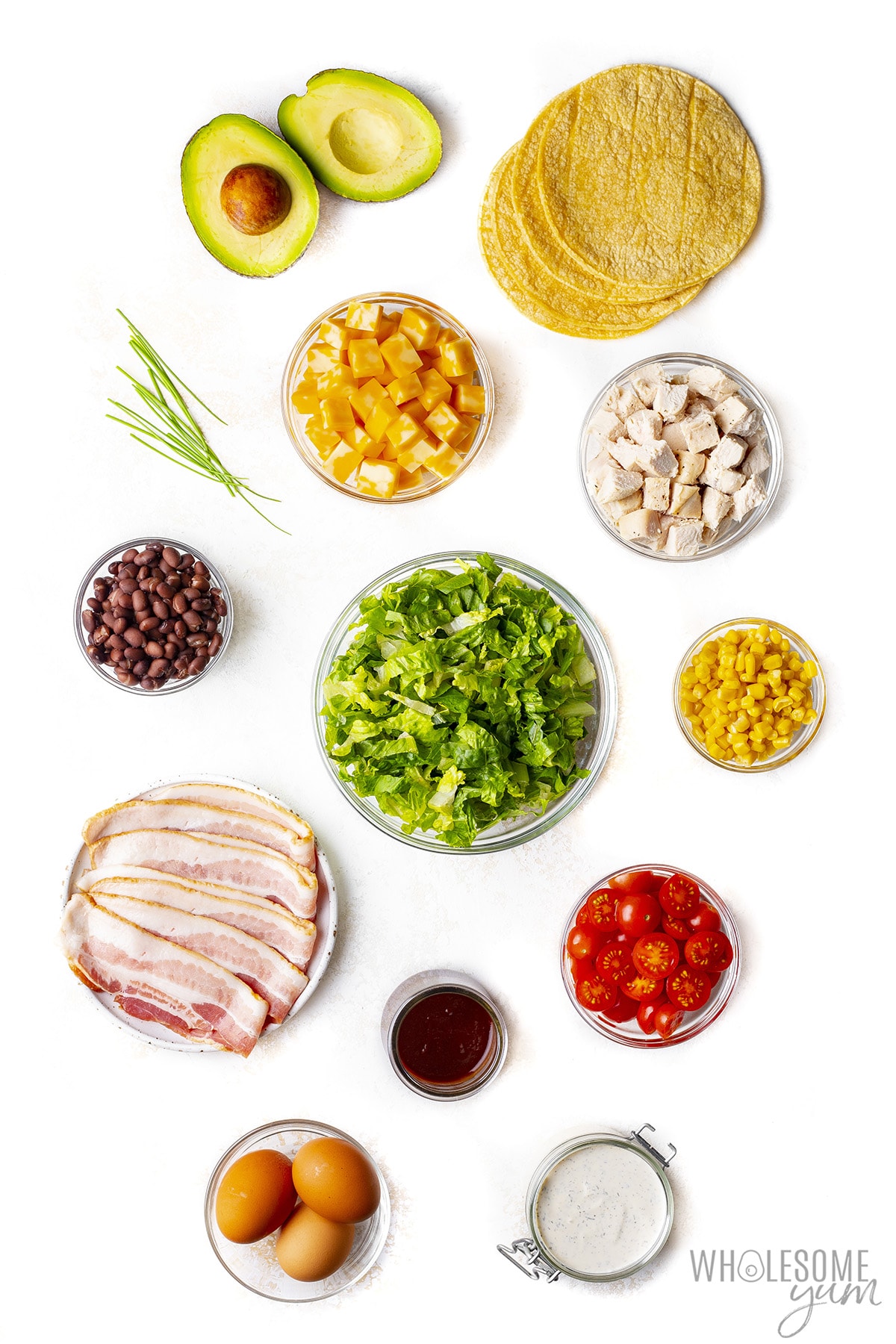 BBQ chicken salad recipe ingredients measured out.