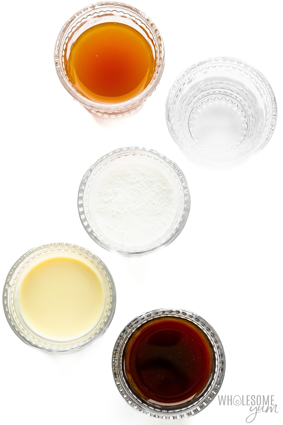 Beverages for a low carb foods list in glasses.