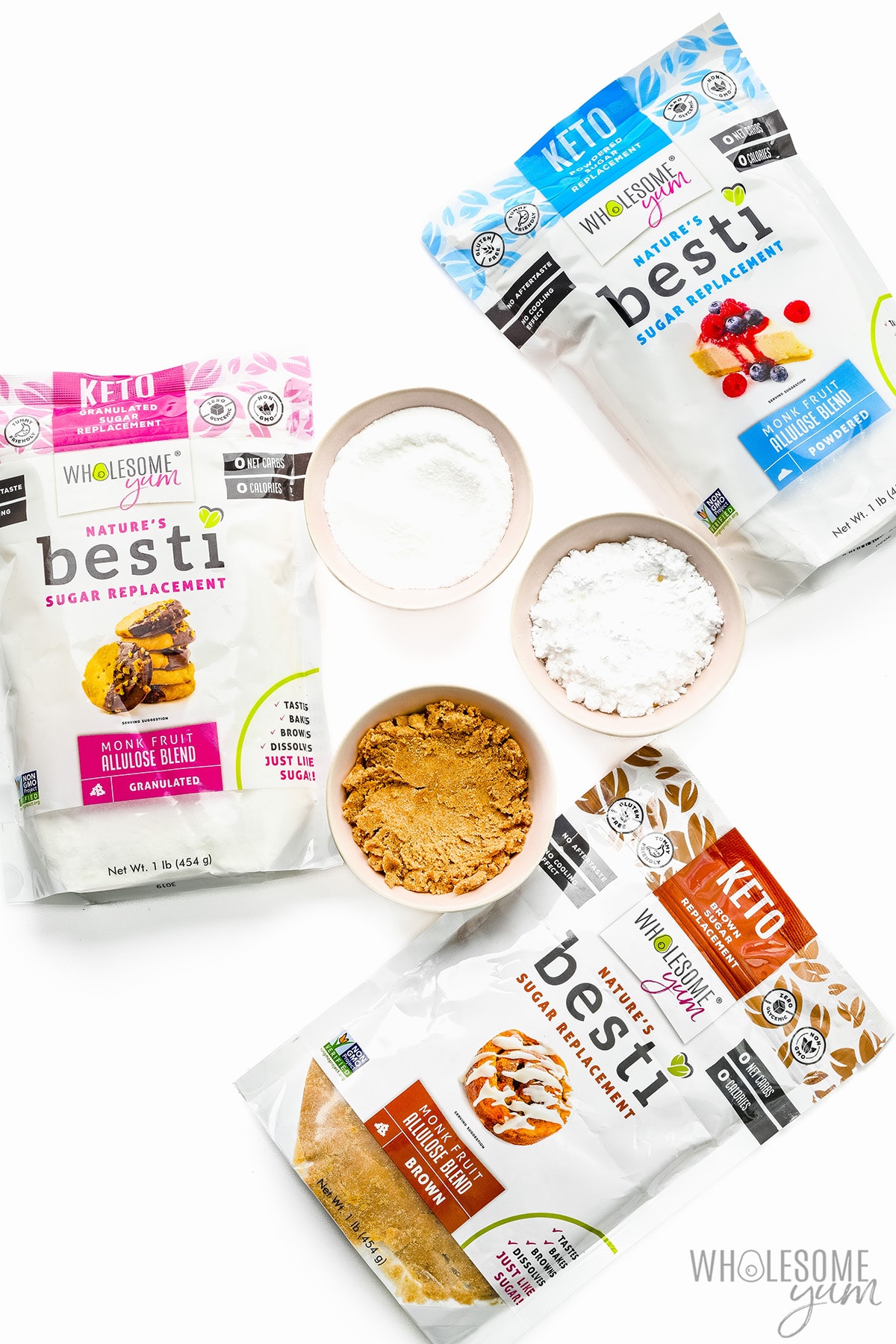 Besti sweetener packages with keto sweeteners in bowls.