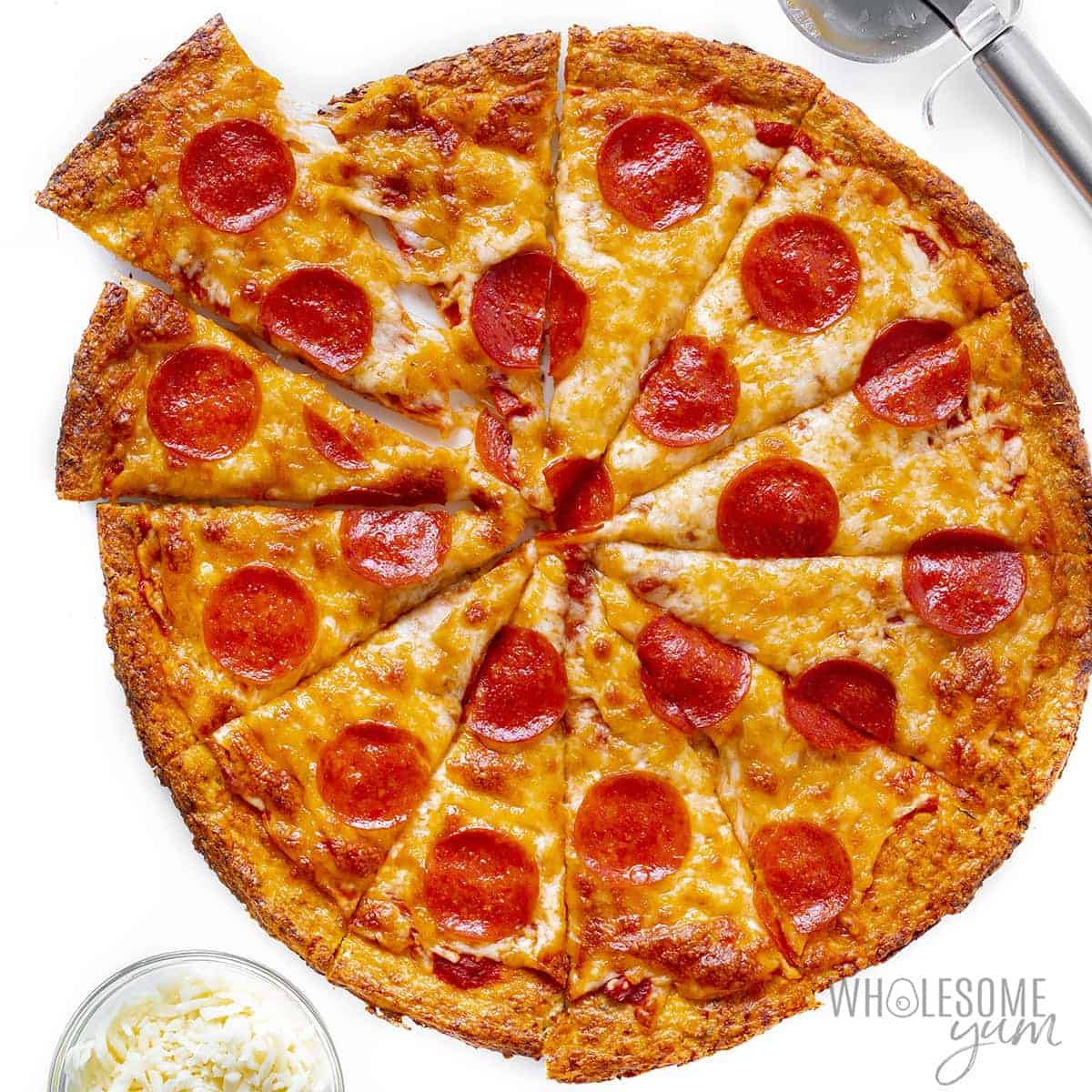 Finished cauliflower crust pizza recipe.