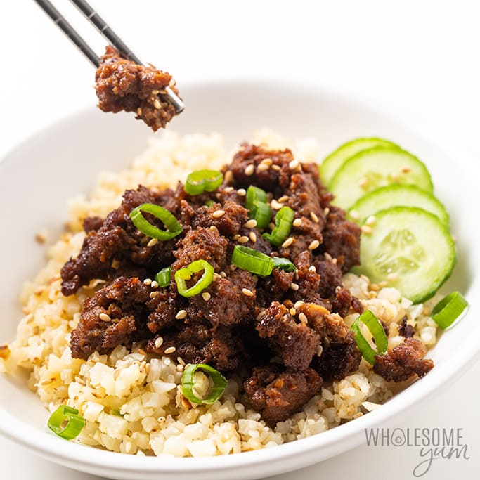 korean beef bowl with chopsticks