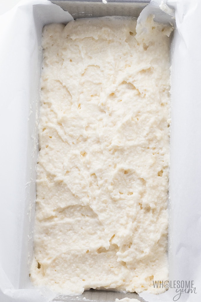 Keto bread batter in a loaf pan.