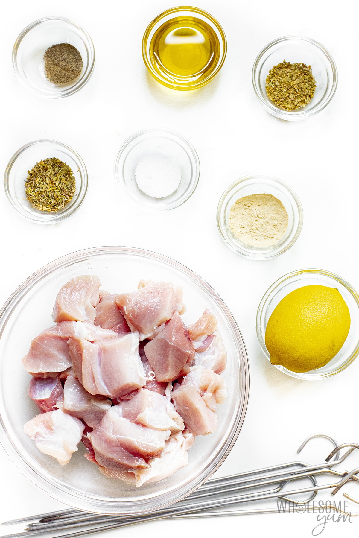 Ingredients for pork souvlaki recipe.