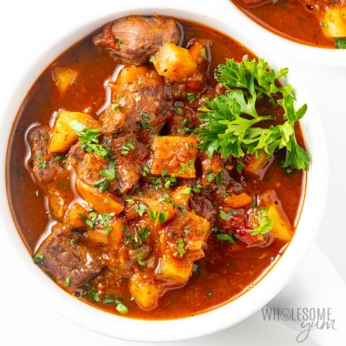 Keto beef stew in a bowl.