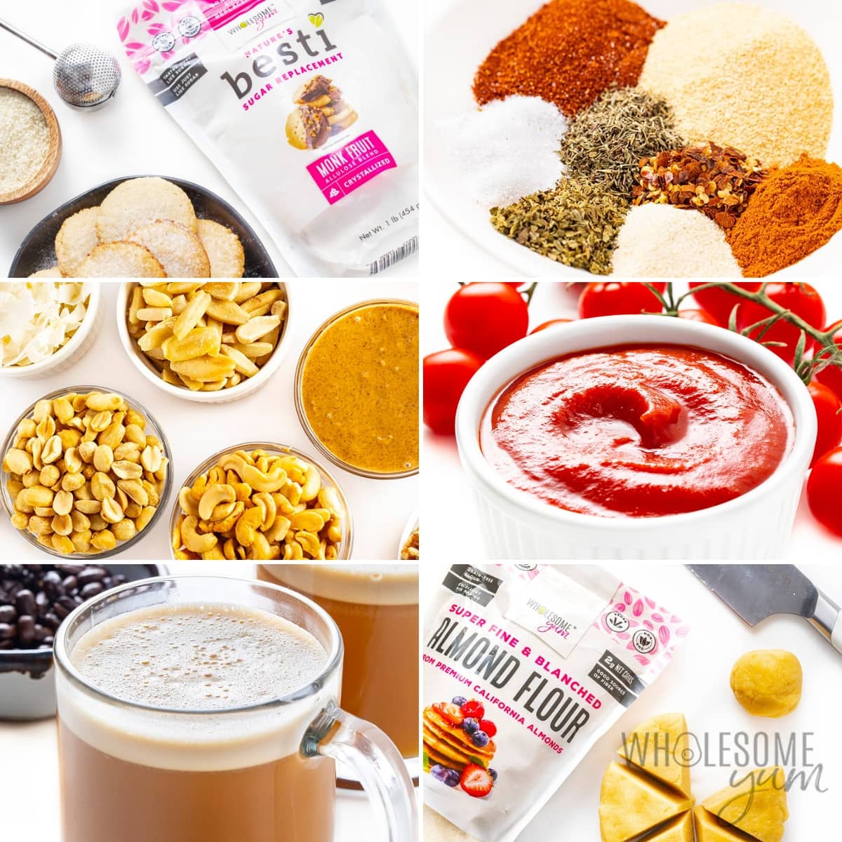 Pantry staples including spices, nuts, sweeteners, almond flour, and coffee.