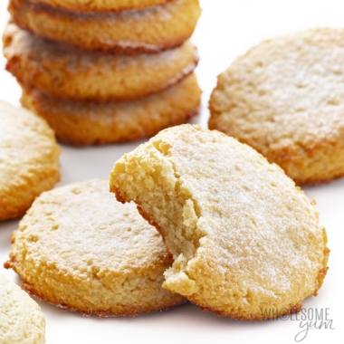 Keto cookies recipe with bite taken out of a cookie.