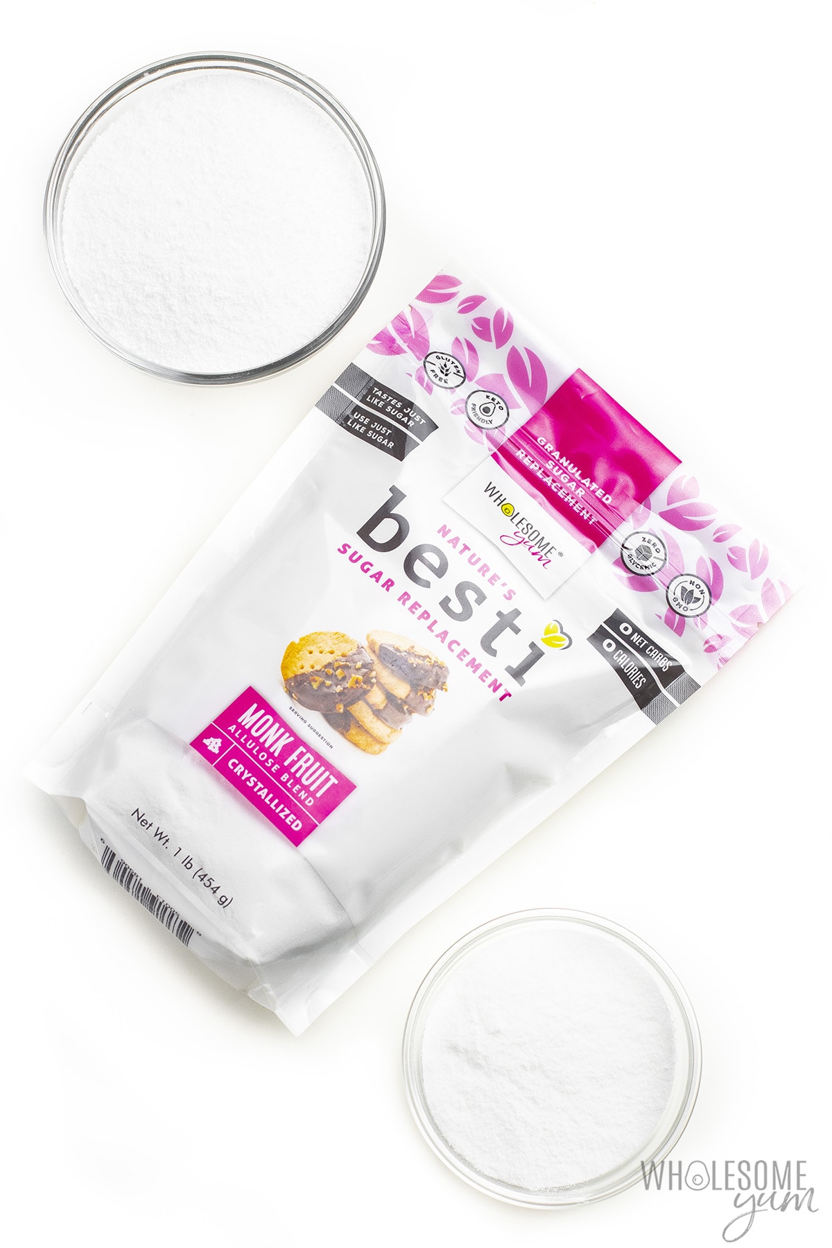 Stevia and monk fruit keto sweeteners, with bag of Besti.