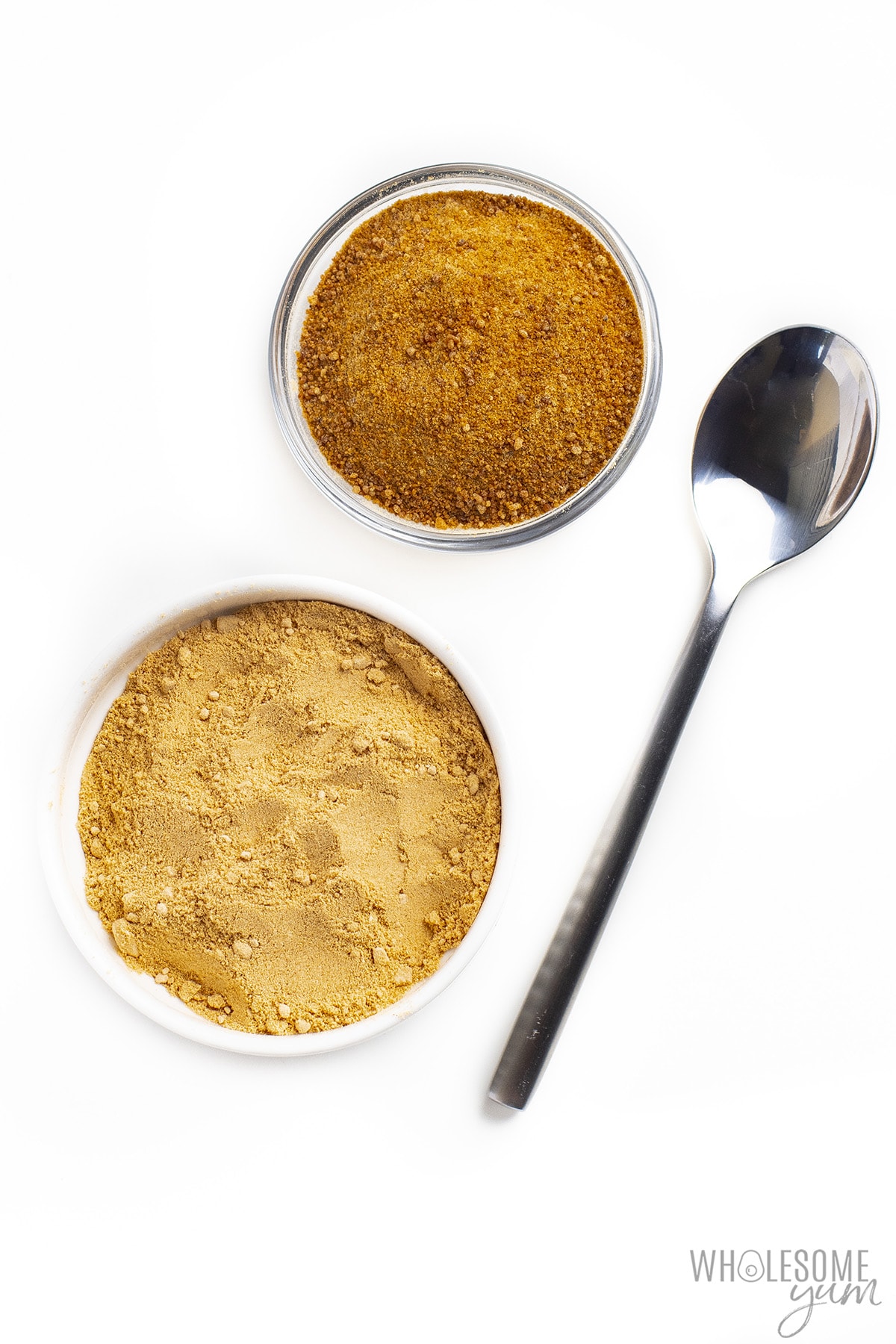 Date sugar and coconut sugar in bowls.