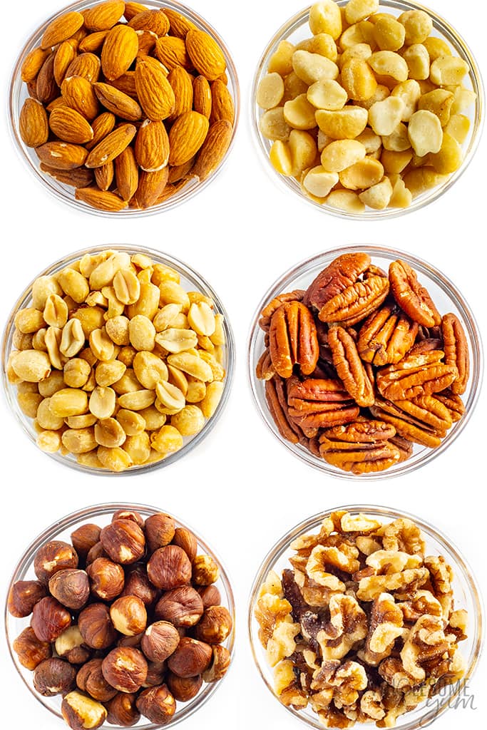 6 types of keto friendly nuts in bowls