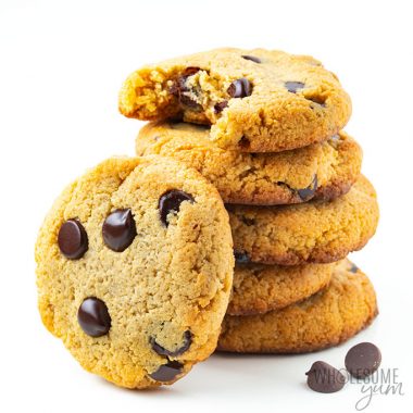 Keto chocolate chip cookies in a stack.