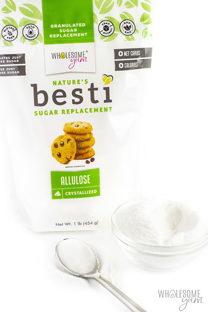 Allulose sugar substitute in bag with more in bag and on spoon.