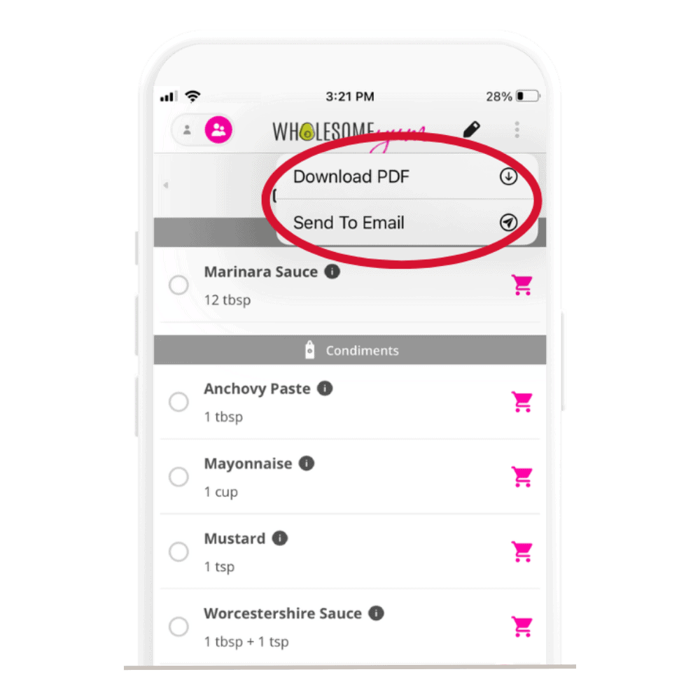 Wholesome Yum app with PDF and email options.