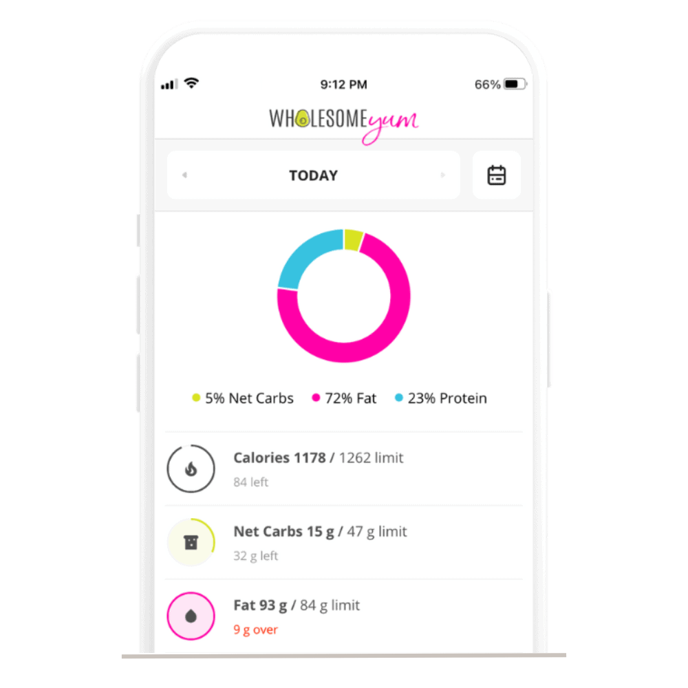 Wholesome Yum app with macros displayed.