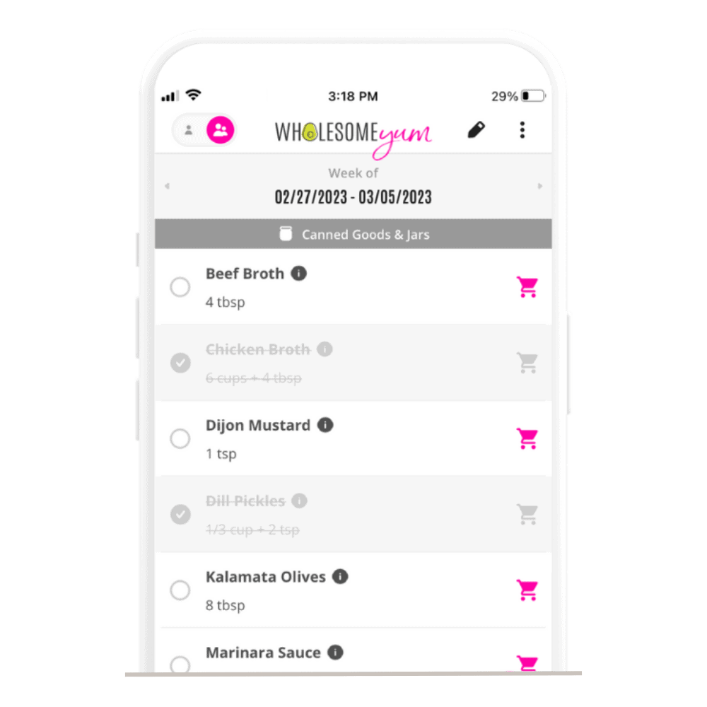Wholesome Yum app with grocery list.